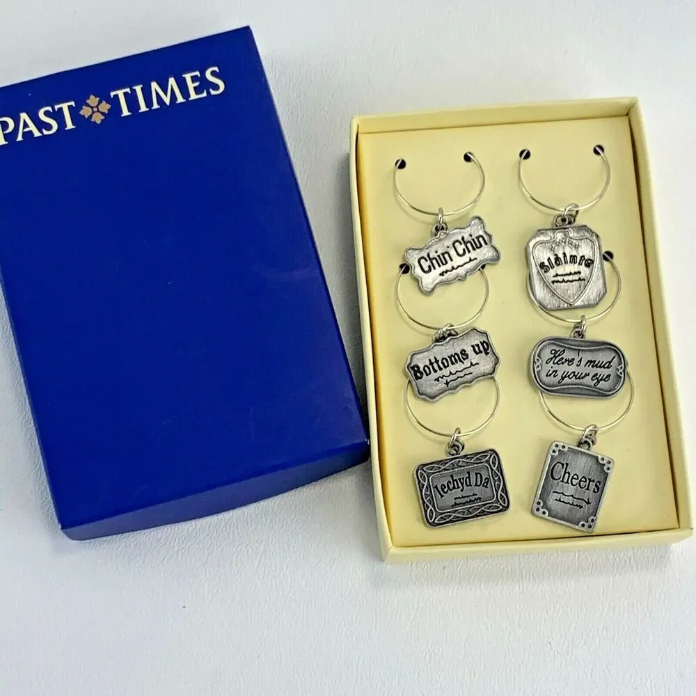 Past Times Wine Charms Set of 6 Silver Tone Metal‎ Wit and Wisdom New in Box